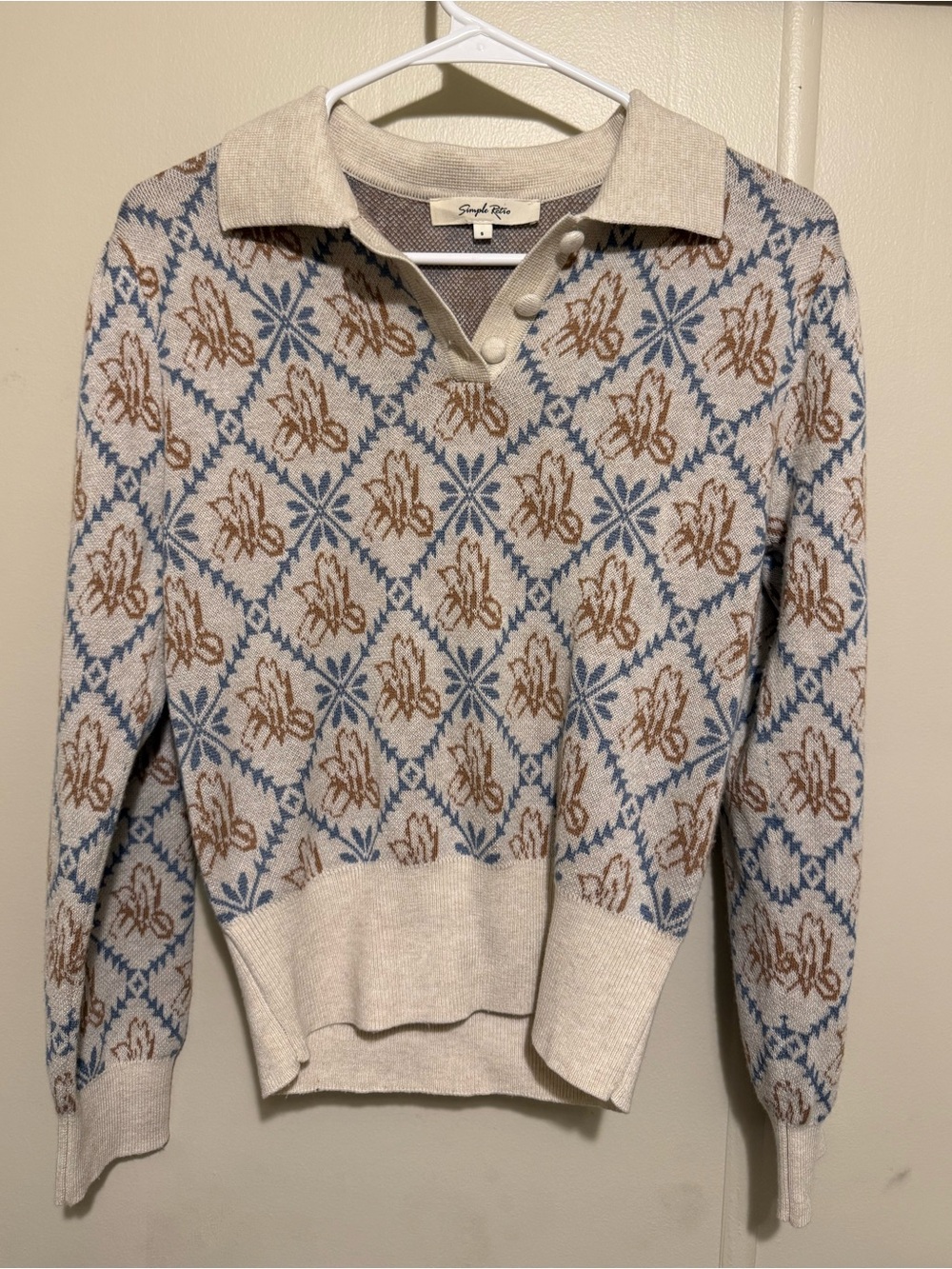 Simple Retro knit polo sweater  small patterned design with a vintage - Picture 2 of 9